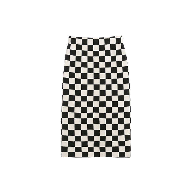 Chessboard Plaid Knitted Skirt Women's Autumn And Winter Korean Style