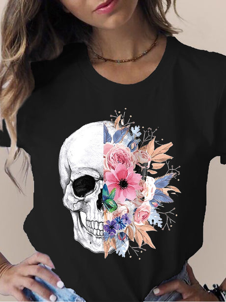 Camiseta de manga corta con cuello redondo y estampado de flores y calaveras para mujer