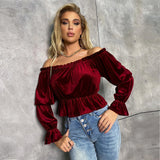 French Style Velvet Long Sleeve T-shirt Top For Women