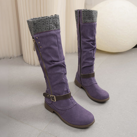 Plus Size Long Tube Women's Boots Chunky Heel Side Zip Wool Stitching