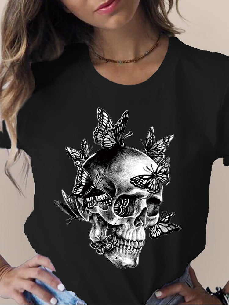 Camiseta de manga corta con cuello redondo y estampado de flores y calaveras para mujer