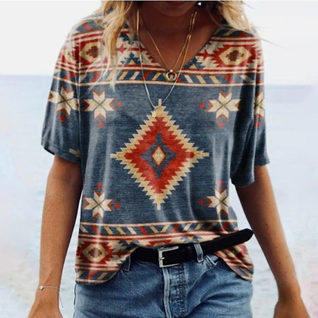 Women's Geometric Printed Short-sleeved Casual V-neck T-shirt