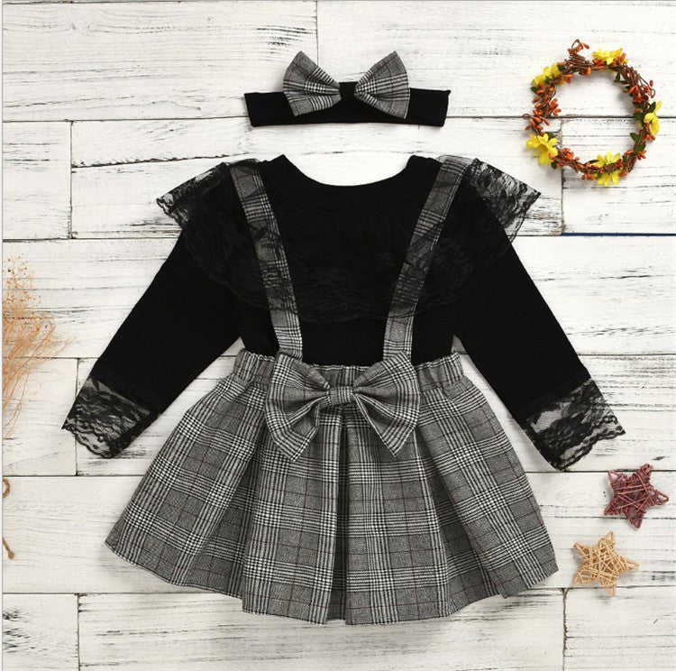 Girls Plaid Strap Lace Lace Skirt Suit Boy Pants Suit