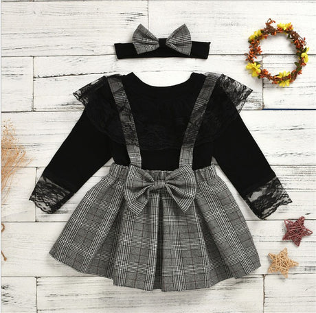 Girls Plaid Strap Lace Lace Skirt Suit Boy Pants Suit