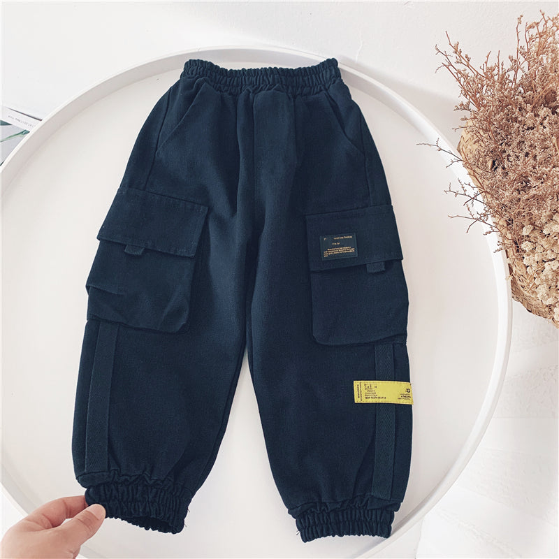 Monos de bolsillo grandes para niños de nuevo estilo de otoño e invierno, pantalones casuales de algodón para niños a la moda