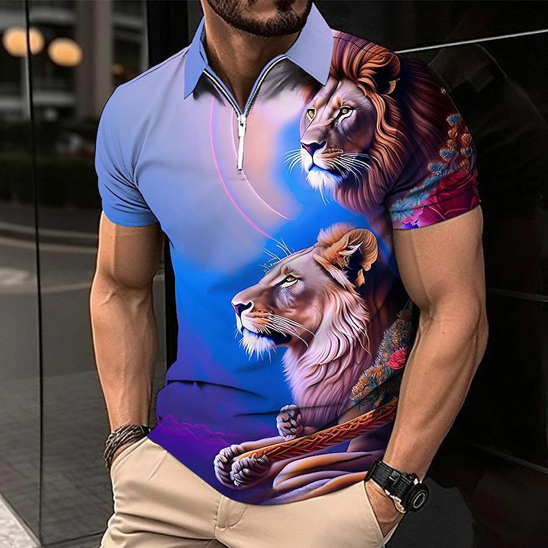 Polo Golf Camisa Animal León Patrón Impreso Brida Manga Corta