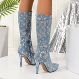 Female Fashionable Sequins Flower Denim Pointed-toe Stiletto Boots