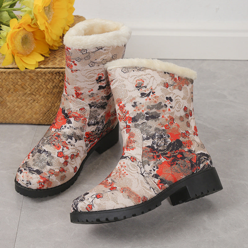 Botas de tobillo con estampado de flores de moda con zapatos de plataforma cálidos de invierno de felpa botas de tobillo de terciopelo ligeras para mujer