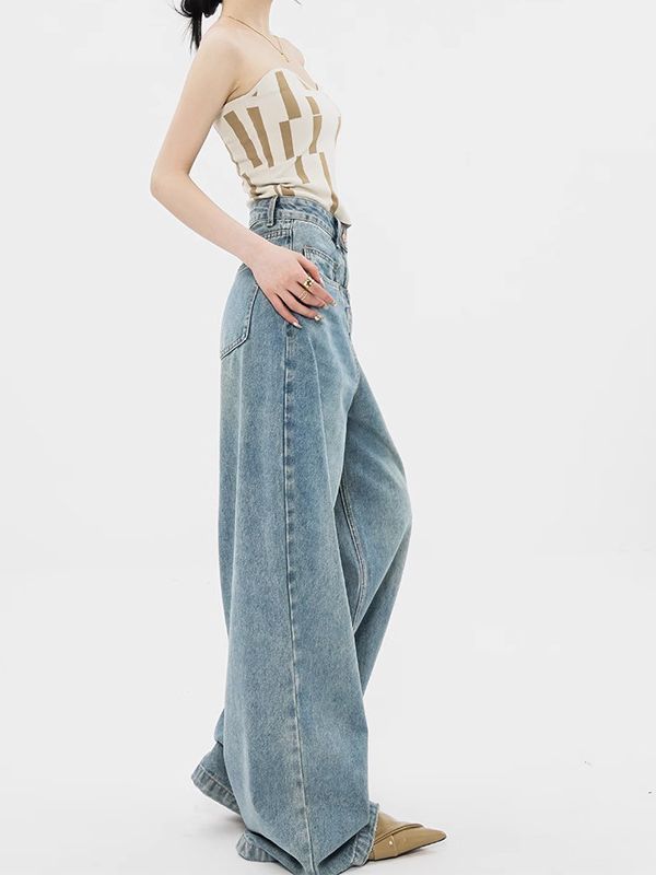 Women's Worn Looking Washed-out Wide-leg Jeans