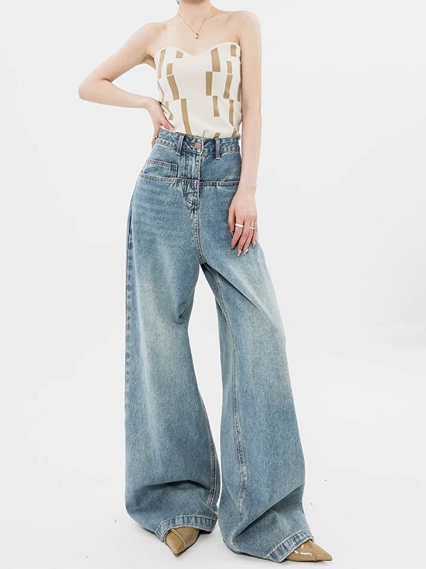 Women's Worn Looking Washed-out Wide-leg Jeans