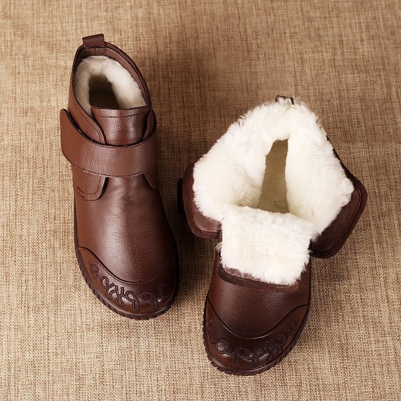 Cotton Shoes Soft Leather Thick Fur Non-slip Soft Bottom Mother Female Winter Middle-aged Fleece Lined Short Boots