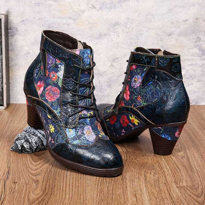 Cowhide Ethnic Side Zipper Retro High Heel Boots