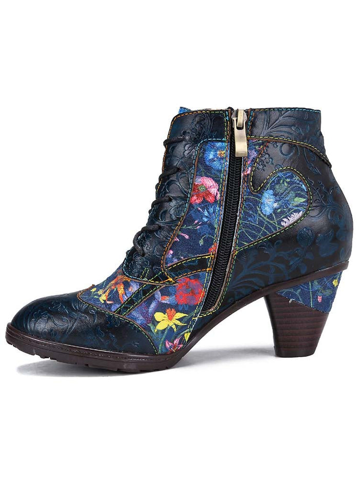 Cowhide Ethnic Side Zipper Retro High Heel Boots