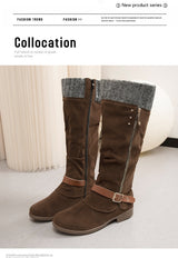 Plus Size Long Tube Women's Boots Chunky Heel Side Zip Wool Stitching