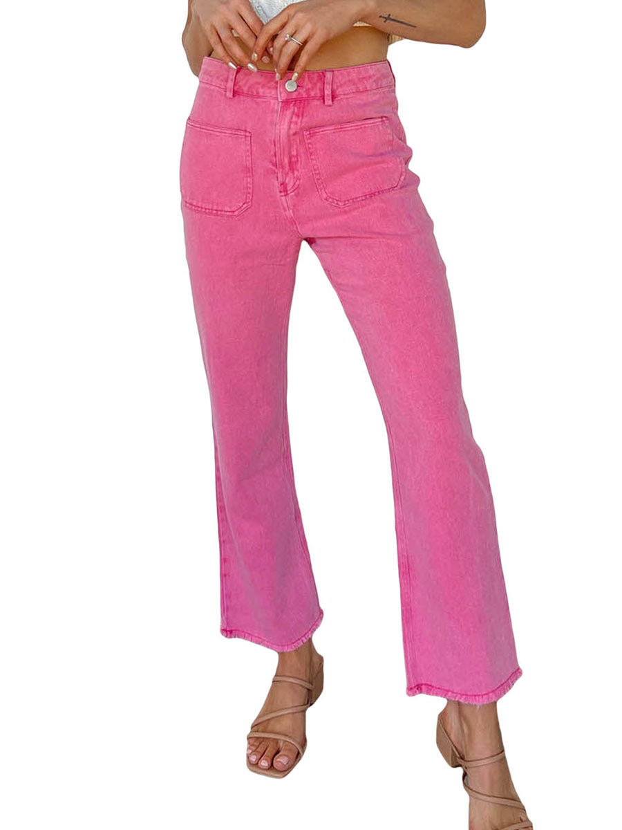 Frayed Hem Bell-bottom Trousers Casual High Waist Jeans