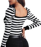 Black And White Stripes Puff Sleeve Top