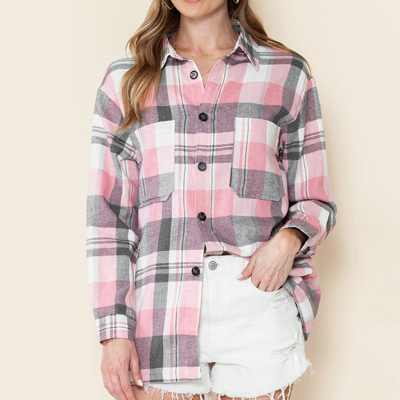 Camisa de manga larga a cuadros Camisa holgada de mujer nueva moda