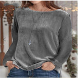 Solid Color Velvet Round Neck Pullover Long Sleeve Sweater