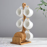 Six-piece Simple Ceramic Cup Set 200ml Tea Cup Coffee Cup Three-dimensional Bamboo and Wooden Bracket Striped Non-slip Coaster