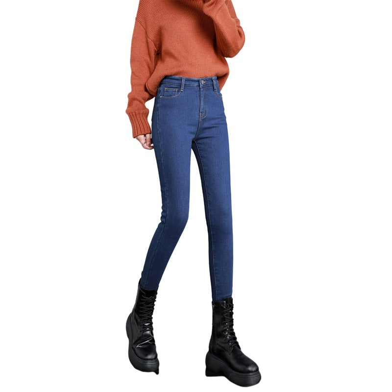 High Waist Velvet Thickening Denim Female Stretch Feet Pants