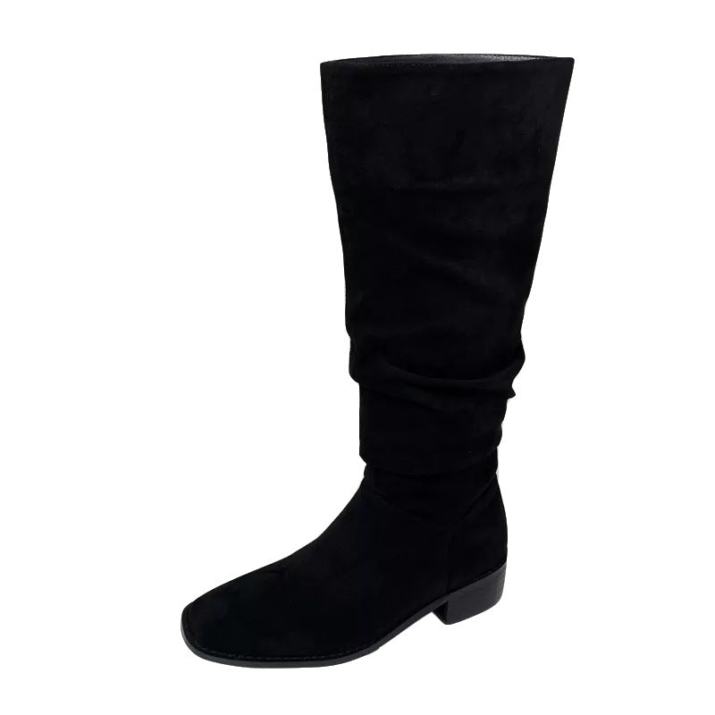 Botas estilo pila para mujer Ante vintage Tacón grueso Punta cuadrada