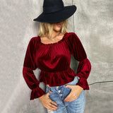 French Style Velvet Long Sleeve T-shirt Top For Women