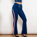 Shascullfites Melody-Jeggings acampanados a rayas de color azul oscuro, vaqueros con botones, vaqueros con realce de trasero, vaqueros acampanados de cintura alta para mujer