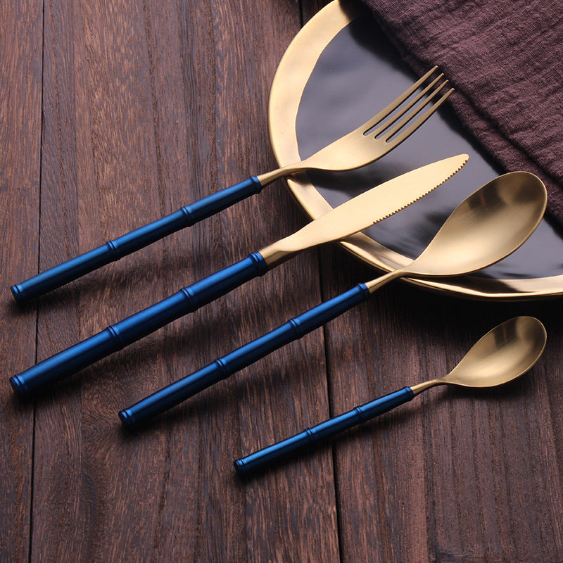 Western Tableware With Bamboo Blue Handle and Gold Head