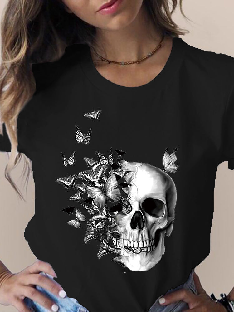 Camiseta de manga corta con cuello redondo y estampado de flores y calaveras para mujer