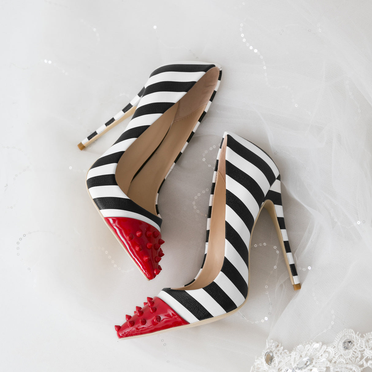 Color rivet striped fashion high heels