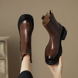 Round Head Chunky Heel Inside And Outside Leather Color Matching Smoke Tube Ankle Boots