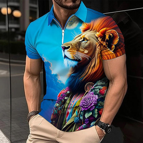 Polo Golf Shirt Animal Lion Pattern Printed Flanging Short Sleeve