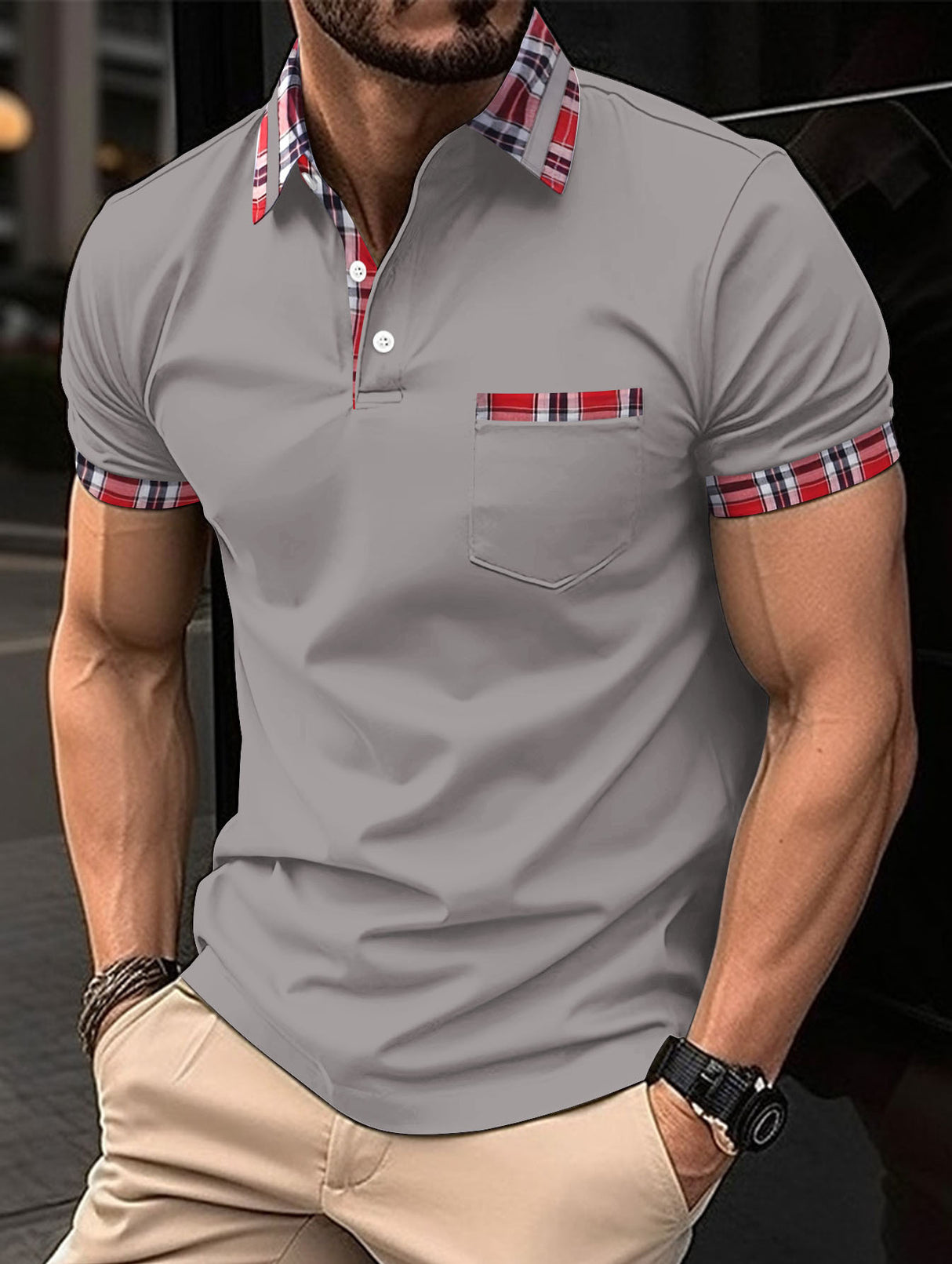 Camiseta deportiva con bolsillo y botones de verano para hombre