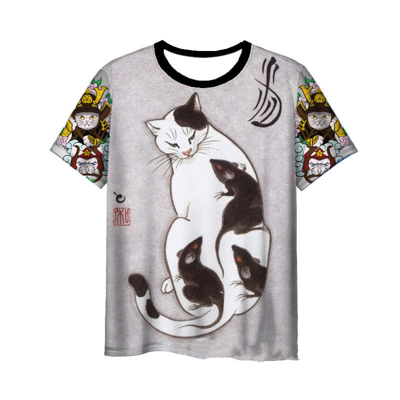 Japanese Samurai Cat 3D Digital Printing Men's Round Neck Short Sleeve