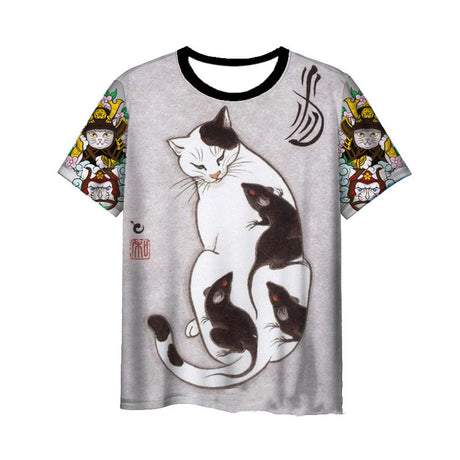 Japanese Samurai Cat 3D Digital Printing Men's Round Neck Short Sleeve