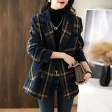 Abrigo Moda Adelgazante Retro Plaid Patchwork Lana Traje Femenino