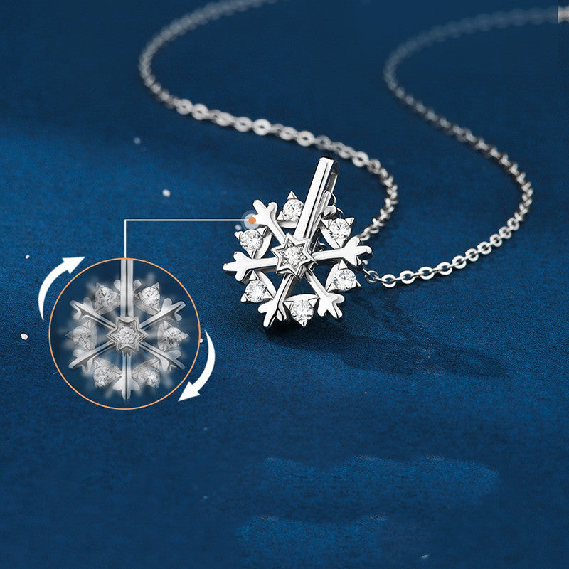 Collar giratorio de copo de nieve de plata 925 para mujer, diseño de nicho de lujo, joyería de diamantes de imitación brillante, regalo de cumpleaños de otoño e invierno para amigos