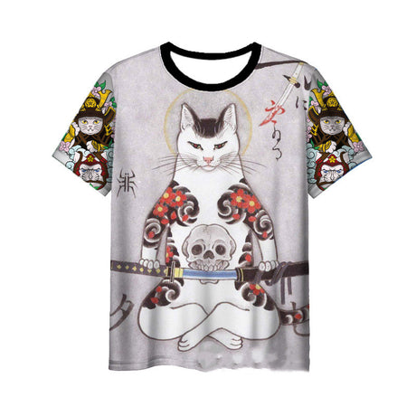 Japanese Samurai Cat 3D Digital Printing Men's Round Neck Short Sleeve