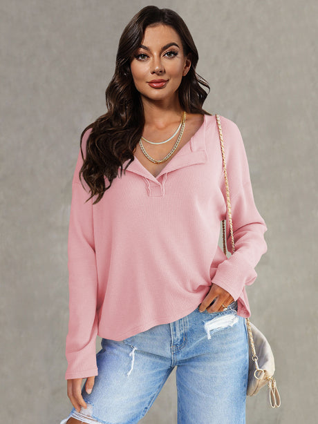 Top de manga larga con cuello en V y todo fósforo informal de moda para mujer