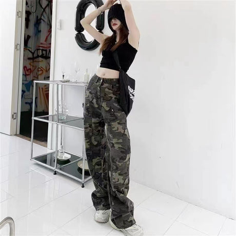 Camouflage Workwear Jeans Women's Straight Loose Retro Hip Hop Style High Waist Extra Long Wide Leg Pants