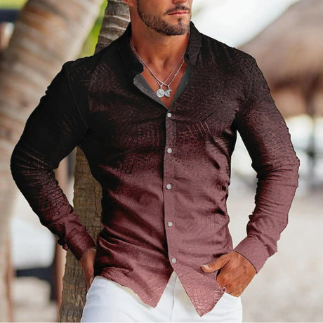 Camisa de solapa de manga larga con estampado colorido para hombre