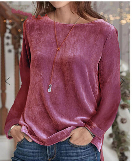 Solid Color Velvet Round Neck Pullover Long Sleeve Sweater