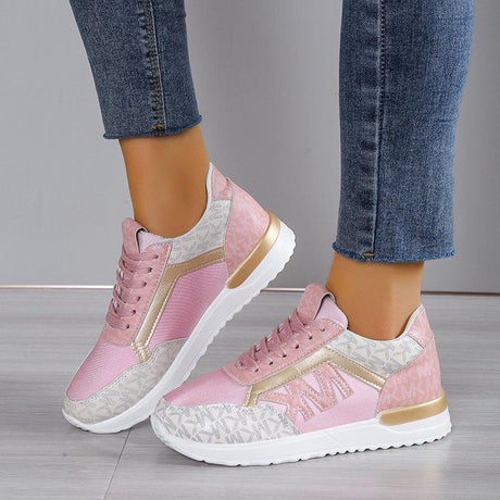 Women's Fashion Casual Printing Lace Up Round Toe Color Matching Running Shoes