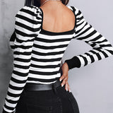 Black And White Stripes Puff Sleeve Top