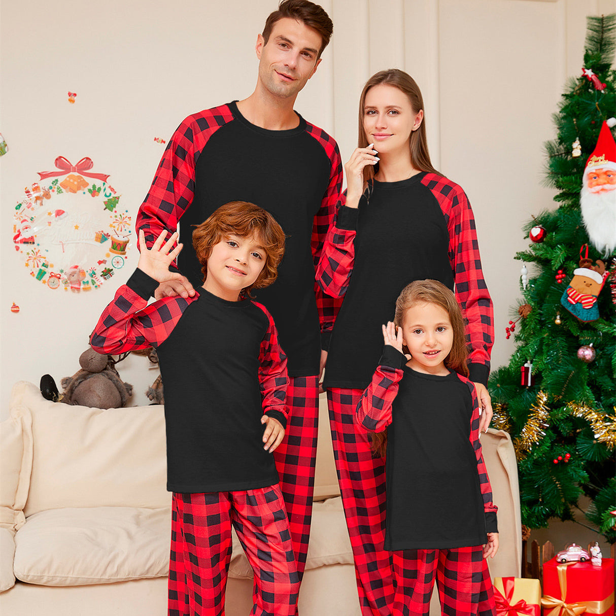 Conjunto de pijama estampado a cuadros de color sólido navideño a la moda para mujer