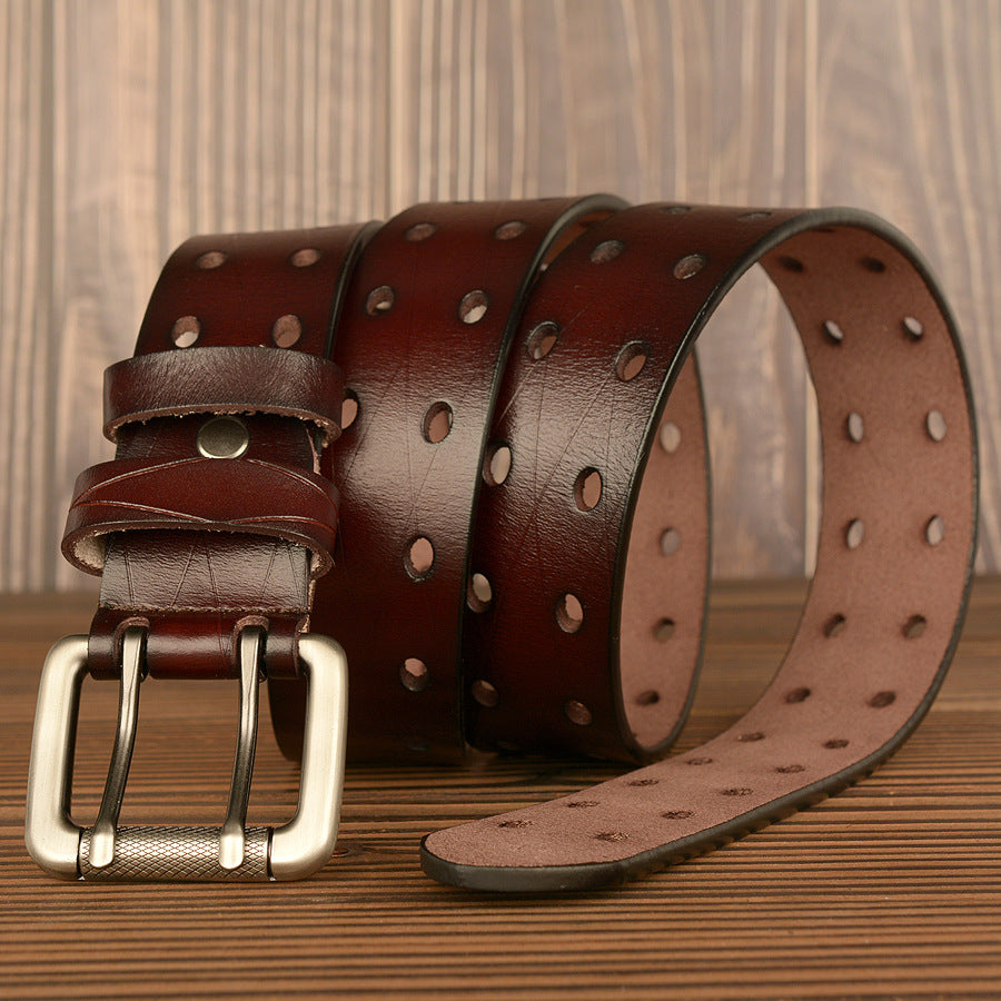 New Double Pin Buckle Men's Belt Cowhide