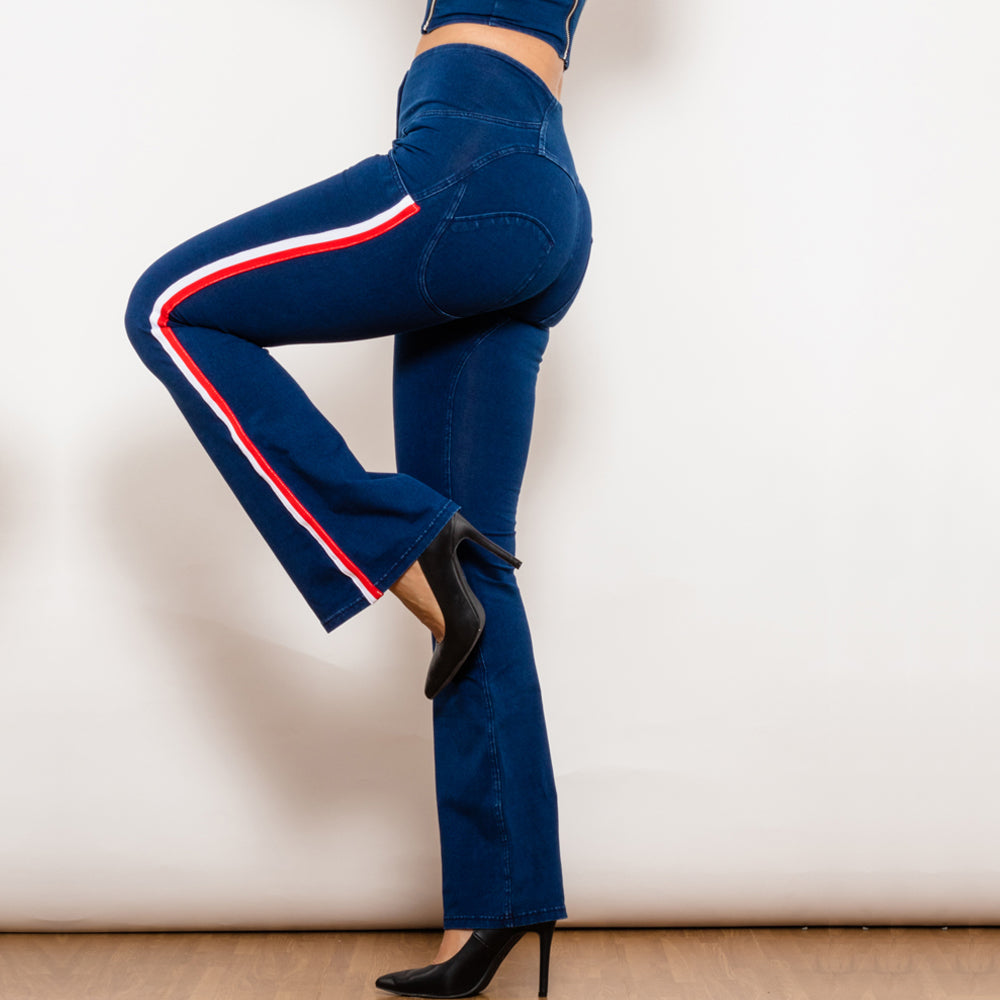 Shascullfites Melody-Jeggings acampanados a rayas de color azul oscuro, vaqueros con botones, vaqueros con realce de trasero, vaqueros acampanados de cintura alta para mujer