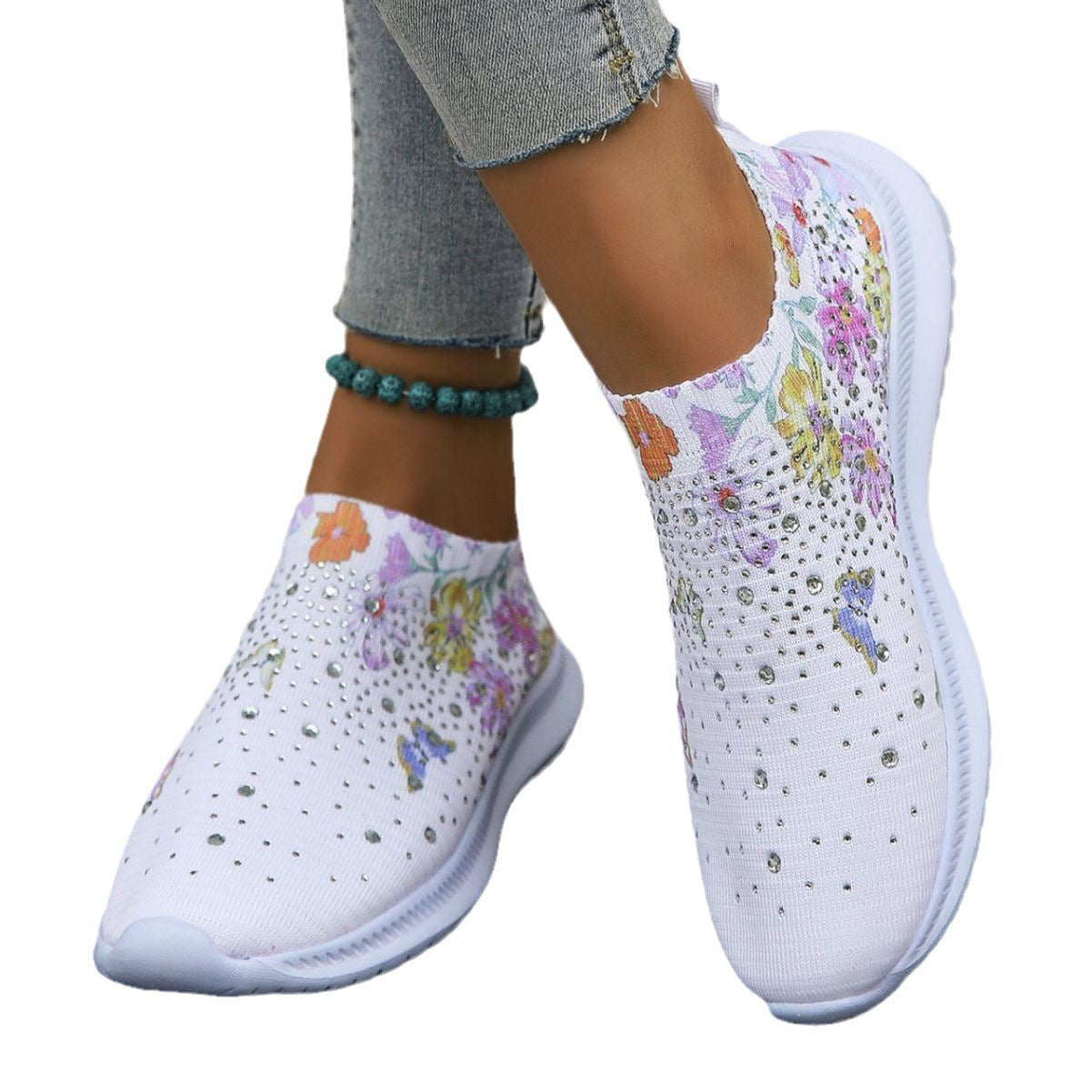 Large Size Printed Rhinestone Low Top Women's Breathable Flyknit Mesh Shoes