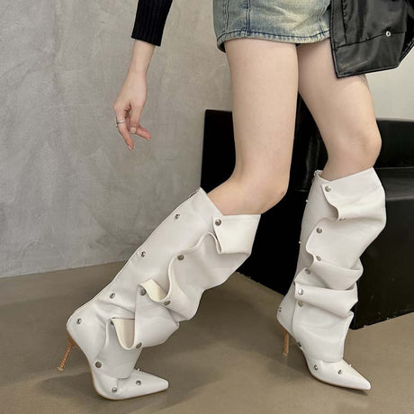 Rivet Buckle Stitching Two-way Stiletto Heel Denim Pleated Pile Style Boots