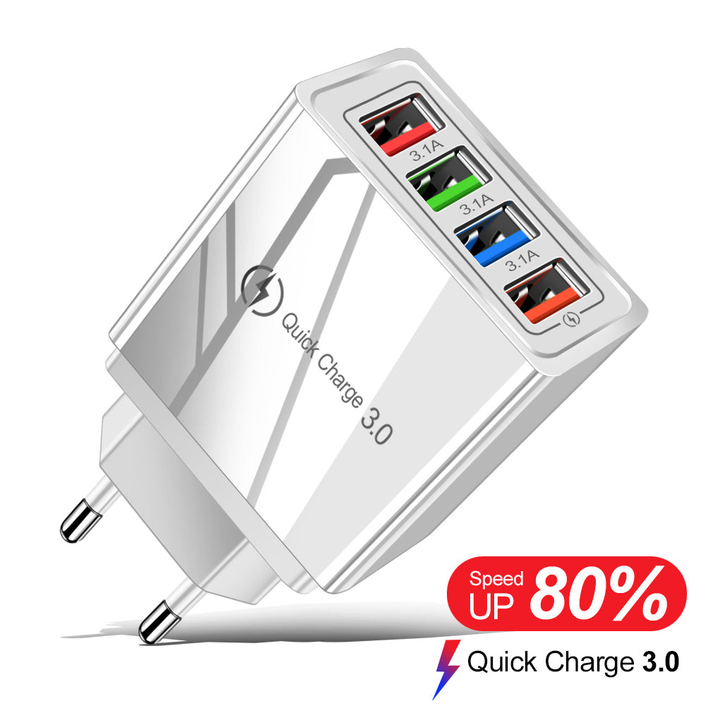 Cargador USB de carga rápida 3,0, 4 adaptadores de teléfono para tableta, cargador móvil de pared portátil, cargador rápido